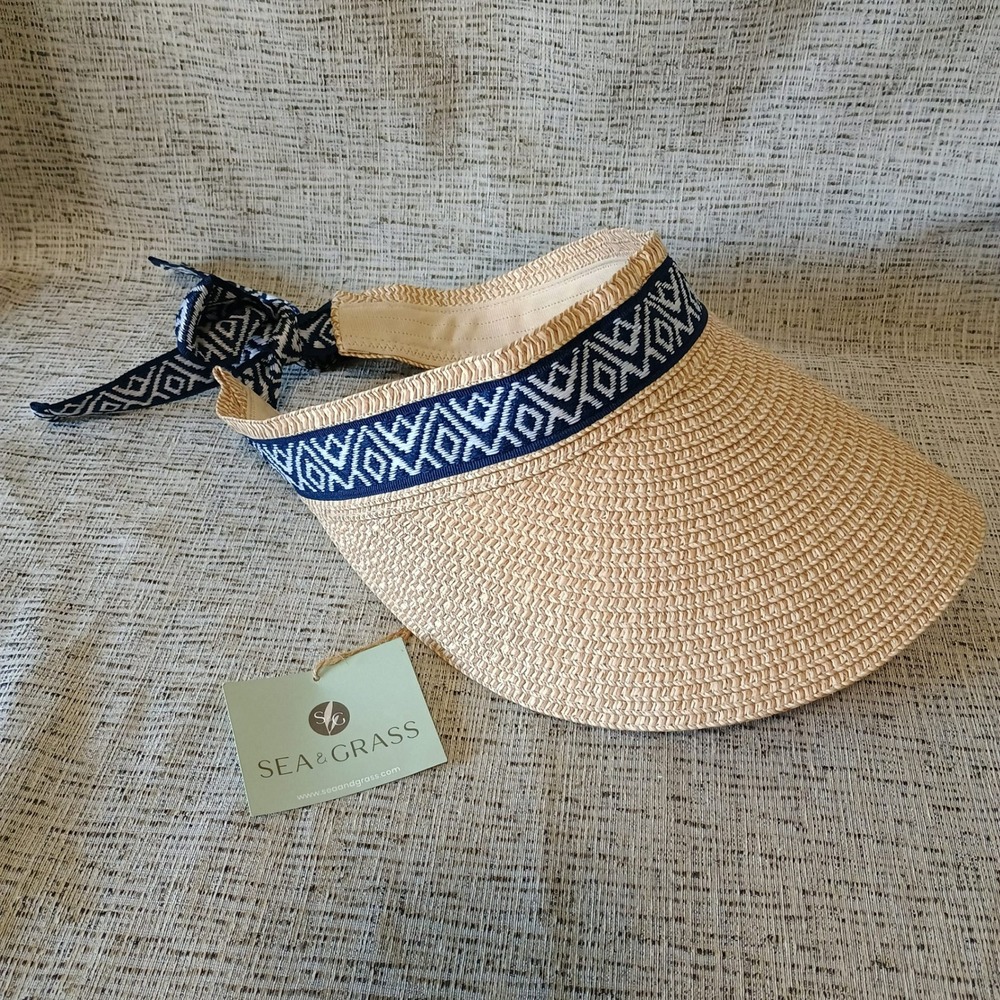 Sea & Grass Women Straw Visor Hat Navy Geometric Ribbon Tie Adjustable Tan